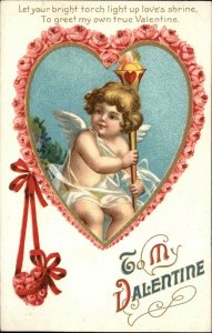 VALENTINE Cupid w Torch HEART BORDER GILT INLAY c1910 Postcard