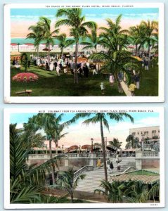 2 Postcards MIAMI BEACH, FL~ Tea Dance RONEY PLAZA HOTEL Tea Garden c1930s