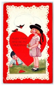 Play Fair & Be My VALENTINE c1910s Cute KIDS, HEART~ Whitney Greeting Postcard