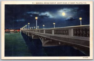 Vtg Palatka Florida FL Memorial Bridge St Johns River Night View 1930s Postcard