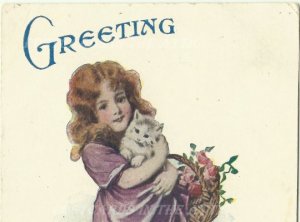 Victorian Girl with Cat / Kitten and Roses in Basket Verse Longfellow