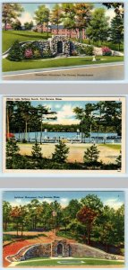 3 Postcards FORT DEVENS, MA ~ Monuments, MIRROR LAKE BATHING BEACH 1940s WWII