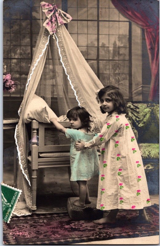 Victorian Girls Bringing Sister To Bed Vintage RPPC C015 