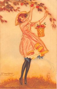 Glamour Fashion Art by Mauzan Girl in Dress Gathers Apples postcard C328