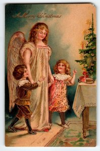 Gold Trim Dress Angel X-mas Tree Children Christmas Postcard Germany Vintage