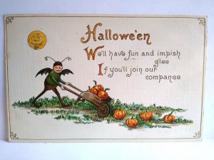 Halloween Postcard Fantasy Fairly Goblin With Wings Pumpkin Cart 7027 L&E German 