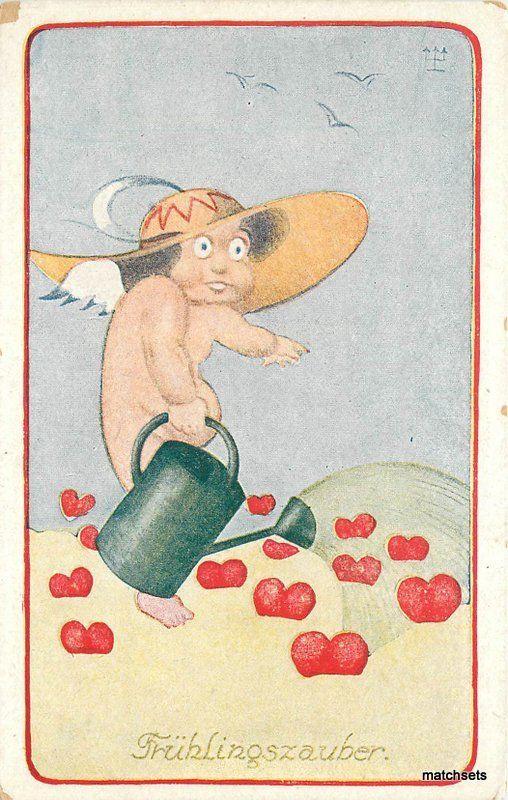 c1910 Fantasy Nude girl Watering Can Hearts Valentine Fruhlingszauber Kunstler