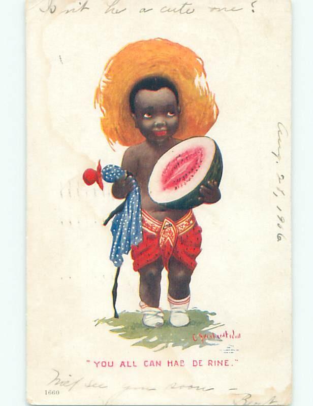 Pre-1907 black americana RACIST SIGNED - BOY WITH WATERMELON W7092