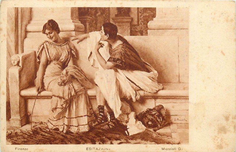 Italian artist fine art postcard Muzzioli G. Hesitation romantic couple lovers