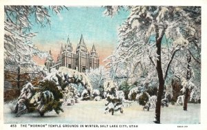 Vintage Postcard 1920's Mormon Temple Grounds in Winter Salt Lake City Utah UT