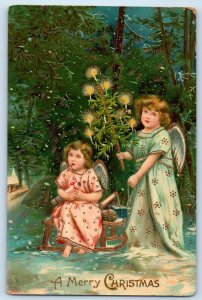 Christmas Angels With Little Christmas Tree Candle Lights Gel Gold Gilt Postcard