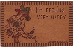 Leather, Bear in Clothes Drinking, I'm Feeling Very Happy Vintage Postcard Y80