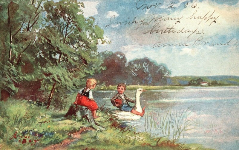 ?Vintage Postcard 1906 Children Boy & Girl Playing in a Lake Water Swan Artwork