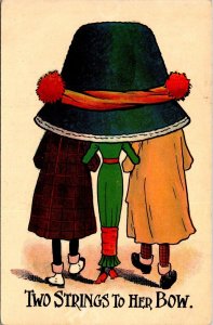 Women and Two Men Under Big Hat, Two Strings to Her Bow Vintage Postcard S80
