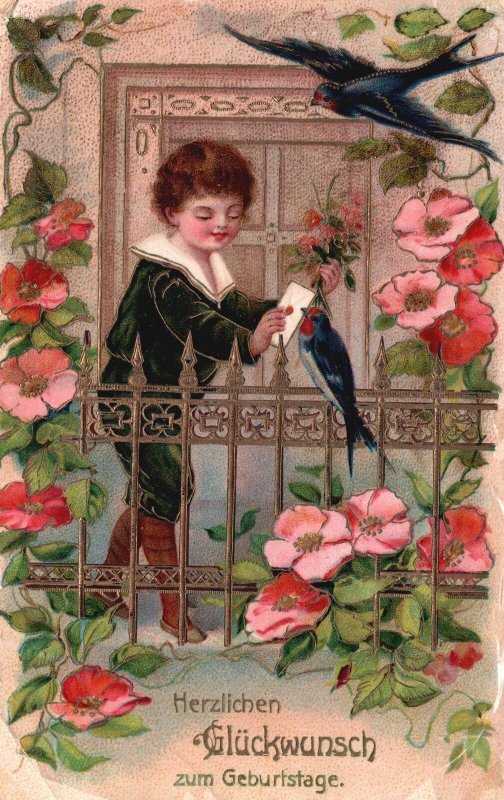 Vintage Postcard Little Boy Sending Letter By A Bird Greetibgs and Wishes Card