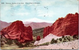 postcard CO Gateway, Garden of the Gods, Pike's Peak in Distance