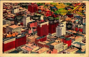 Downtown District Aerial Des Moines Iowa IA Linen Postcard