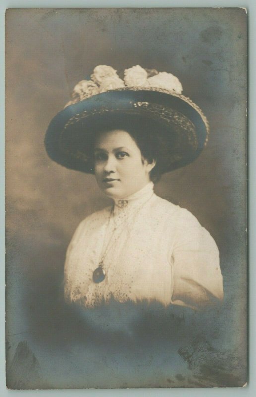 RPPC Pocket Watch Necklace~Lovely Lady w/Merry Widow Hat ~c1910 Close Portrait 