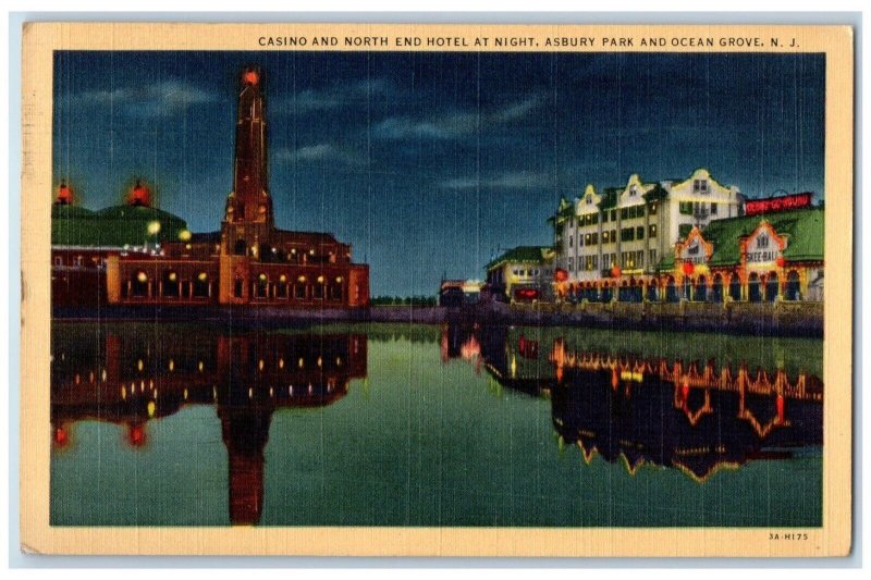 1941 Casino North End Hotel Night Asbury Park Ocean Grove New Jersey NJ Postcard