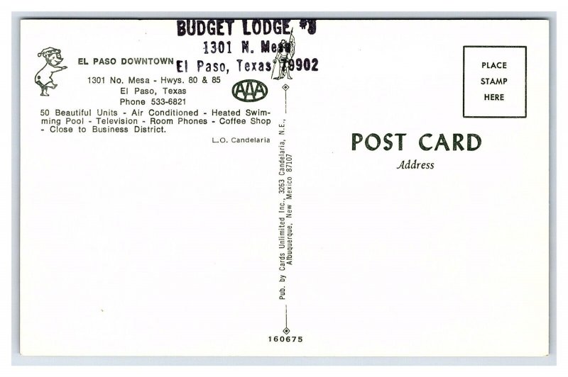 Budget Lodge #1 El Paso Texas Downtown (Old TraveLodge) Postcard Old Cars