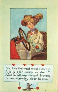 Auto Woman hearts saying Valentine Williamson Haffner C-1910 Postcard 21-1669