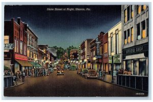 Sharon Pennsylvania Postcard State Street Night Scene Building Classic Cars 1940