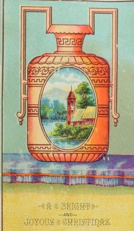 1880's-90's Victorian Christmas Trade Card Beautiful Urn Lake Scene P62