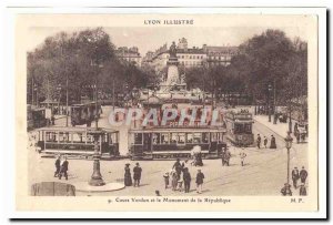 Lyon Old Postcard Verdun Course and the monument of the Republic (trams)