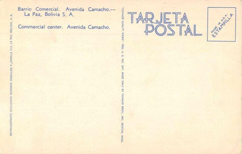 La Paz Bolivia Avenida Camacho Commerical Center Antique Postcard J72681