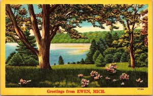 Greetings From Ewen Michigan MI Linen Postcard 1c Washington Stamp VTG Vintage 