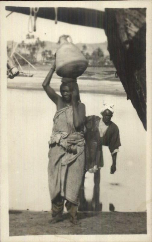 Nubian Black Woman Water Jug on Head Africa Ethnography c1915 RPPC