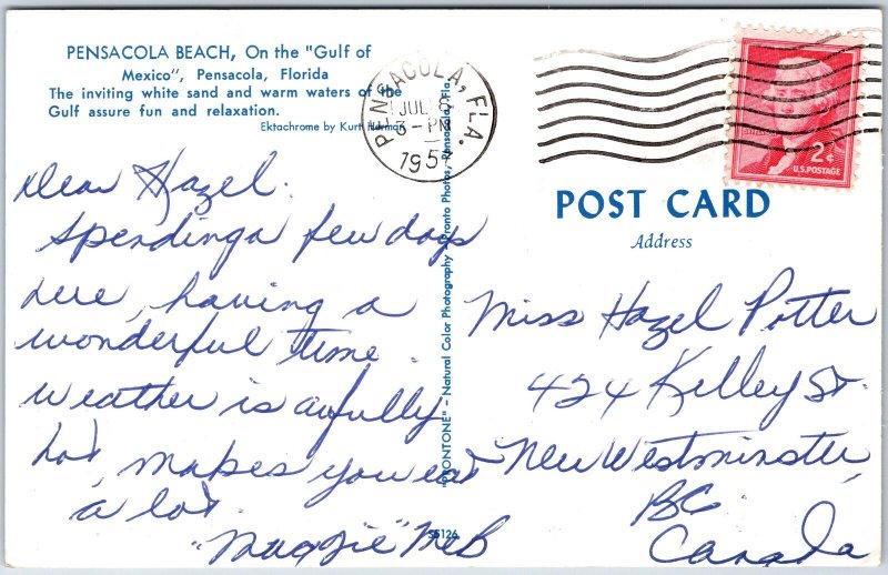 VINTAGE POSTCARD THE WHITE SAND AND WARM WATERS OF PENSACOLA BEACH FLORIDA 1957