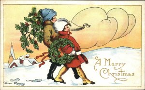 Christmas Boy and Girl Children Bring Holly Home Vintage Postcard