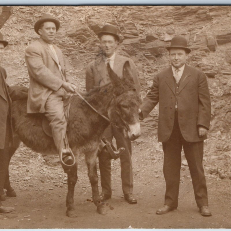 c1910s Hot Springs, AK Man Rides Donkey RPPC Gentlemen Bowler Photo Eureka A156