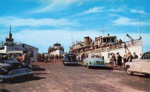 Block Island RI New Harbor Dock Ships And Old Cars Busy Scene, Postcard