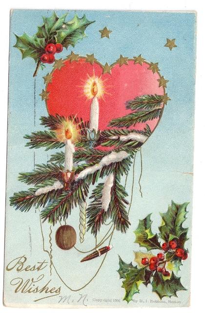 Vintage Christmas Postcard 1906 Heart Gold Stars Candles Embossed Robbins Boston