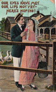 Vintage Postcard 1910's Lovers Couple Sweet Love At The Farm Smile Charm