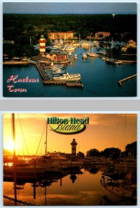 2 Postcards HILTON HEAD ISLAND, SC ~ Sunset HARBOUR TOWN Lighthouse Marina 4x6