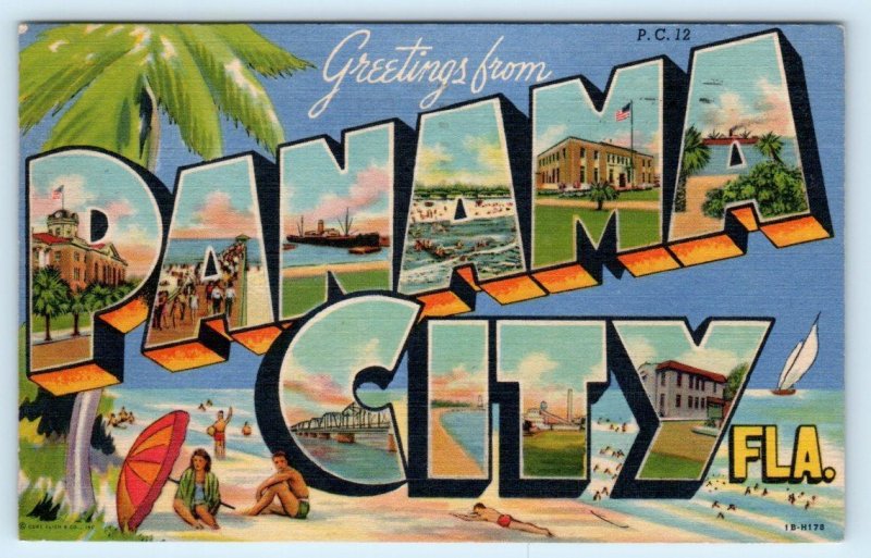 Large Letter Linen PANAMA CITY, FLORIDA  FL ca 1940s Curteich Postcard