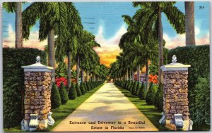 1963 FL-Florida, Entrance and Driveway Towering Palms Trees & Flowers,  Postcard
