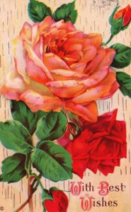 Vintage Postcard 1915 With Best Wishes Beautiful Red Roses Greetings & Wishes