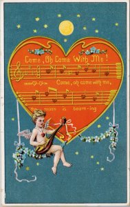 Cupid 'Oh Come With Me' Valentine's Day Music Notes Moon 1910 Postcard E82