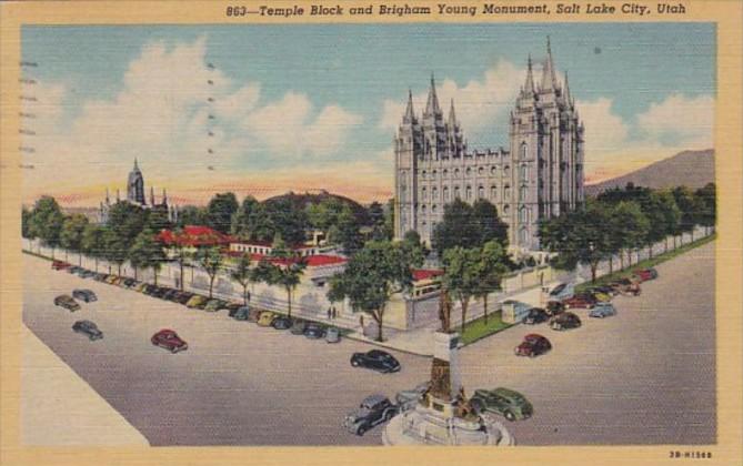 Utah Salt Lake City Temple Block and Brigham Young Monument 1949 Curteich