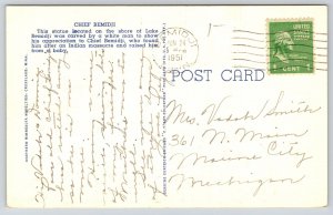 Bemidji Minnesota~Chief Statue~Lake Shore~Chain Fence~Sunset~Linen 1951 PC