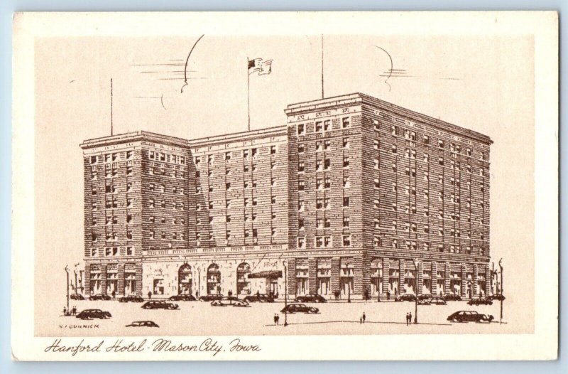 Mason City Iowa IA Postcard Hotel Hanford Building Cars Scene Sketch Vintage