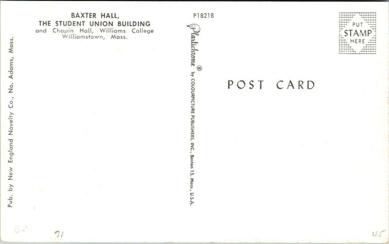 Vtg Baxter Hall Student Union Building Williams College Williamstown MA Postcard