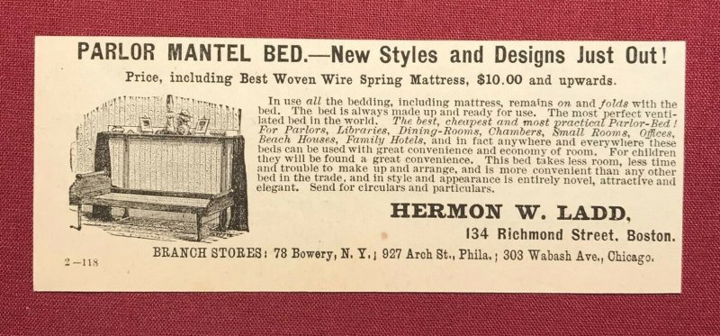 1884 Victorian Original Print Ad Parlor Mantel Bed Hermon W. Ladd Boston 2V1-27 