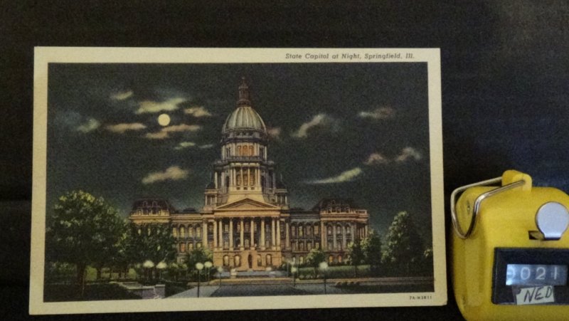 STD Vintage Night View State Capitol Springfield Illinois Linen c1937 Unposted