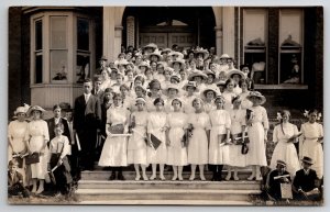 RPPC Group Young Men Ladies Certificates School Scovell Hdwr Kansas Postcard H30