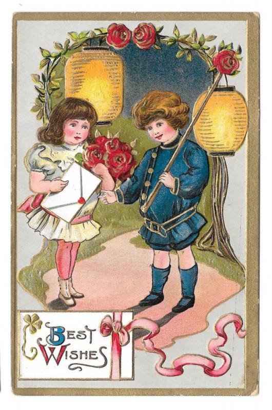 Best Wishes Children Boy Girl Roses Paper Lanterns Postcard